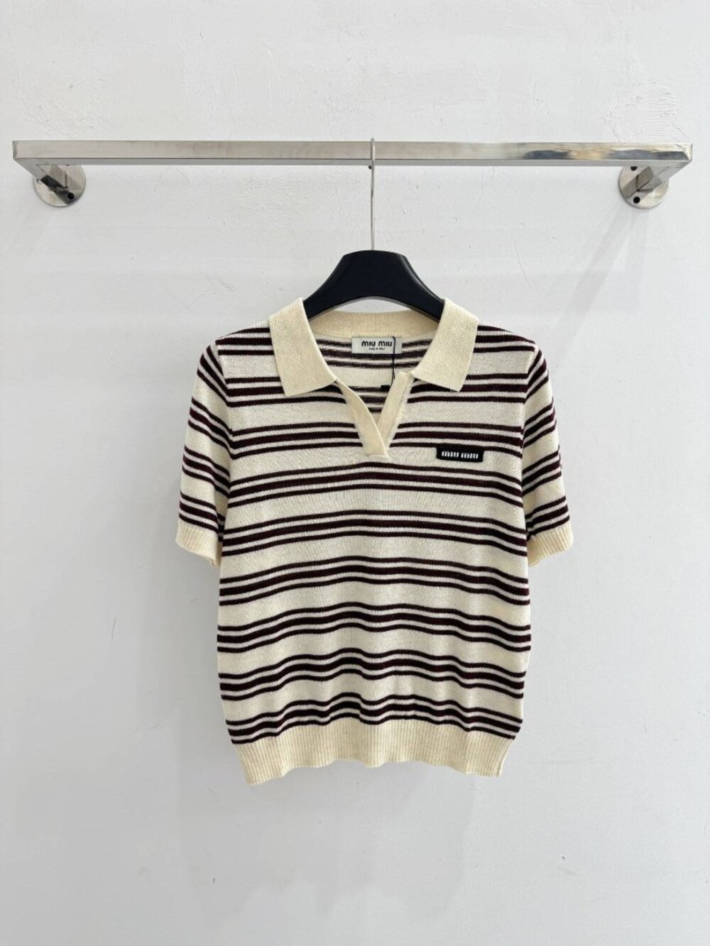 Miu Miu Cream & Burgundy Striped Knit Polo Shirt